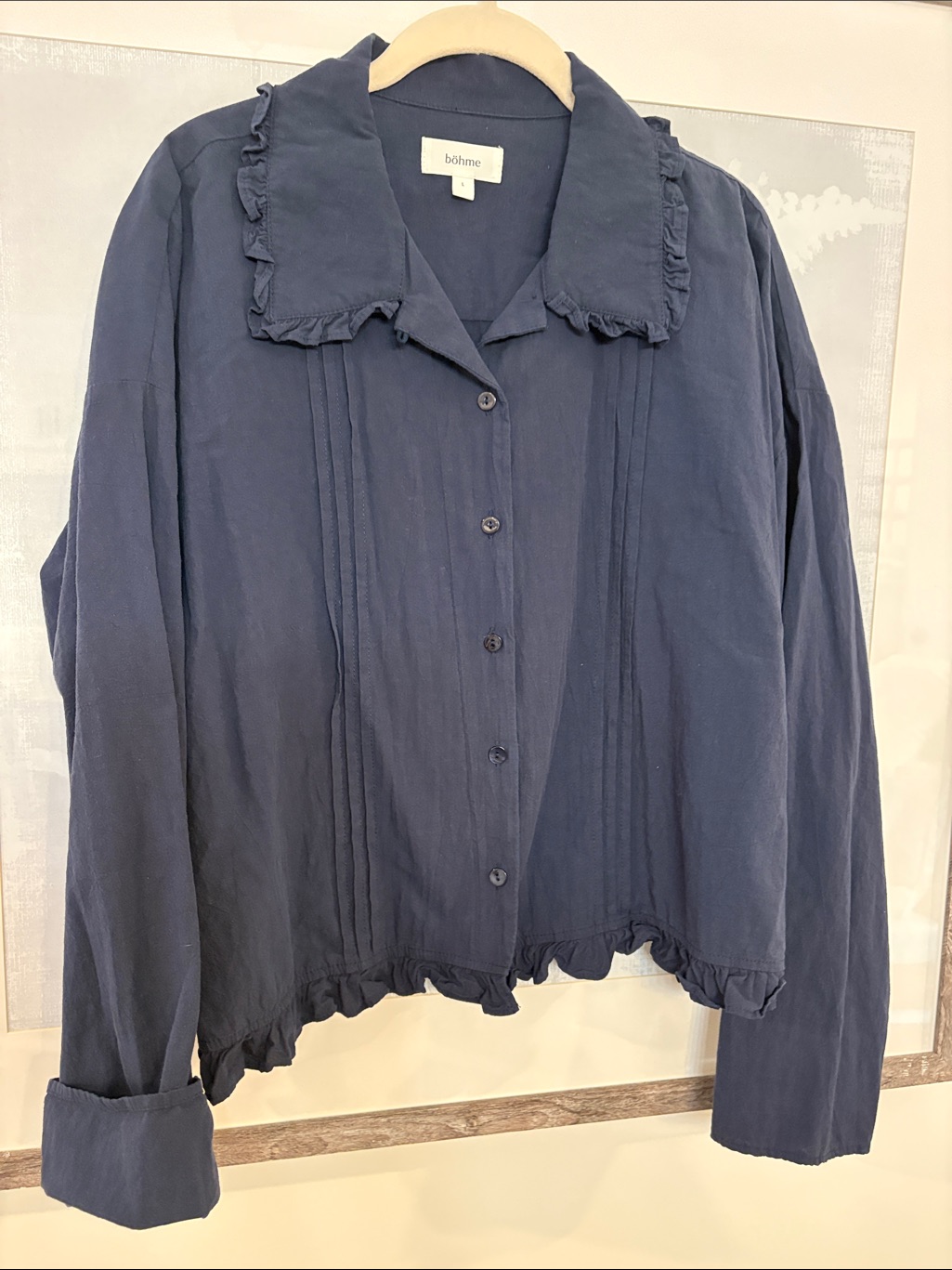 Bohme Navy Ruffle Collar Button-Down Blouse